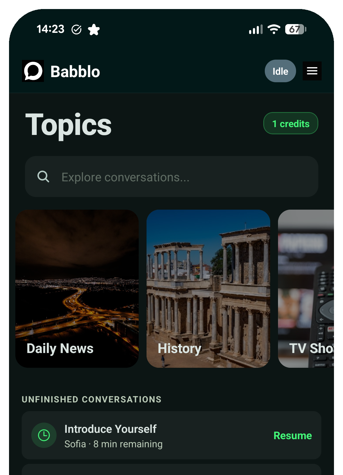 Babblo topic selection screen — choose what to talk about